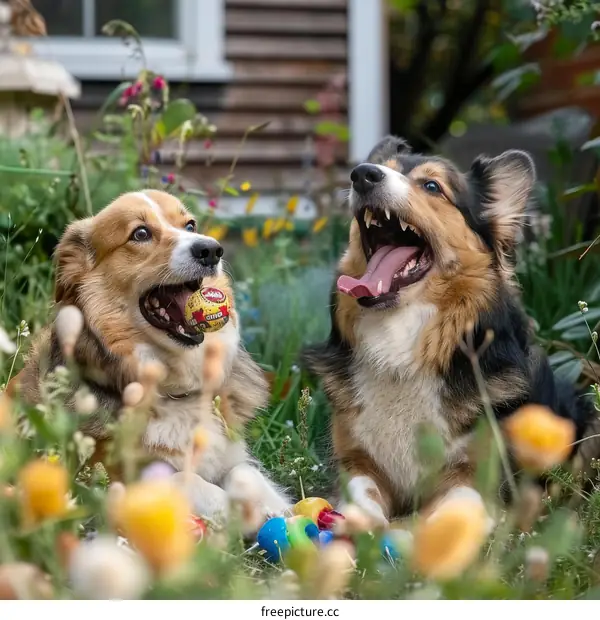 Two Pembroke Welsh Corgis playing with a ball in a garden