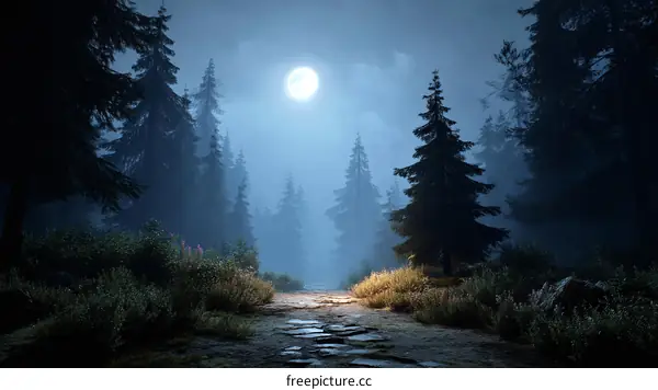 Moonlight Path in a Misty Forest