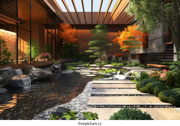 Courtyard with a Zen garden and a pond