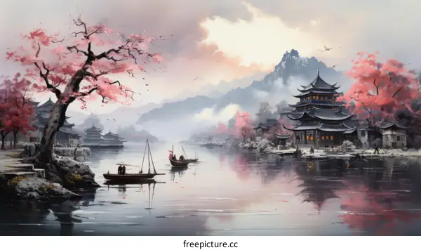 Oriental lake landscape with cherry blossoms and Chinese architecture
