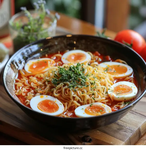Noodles with eggs in bowl