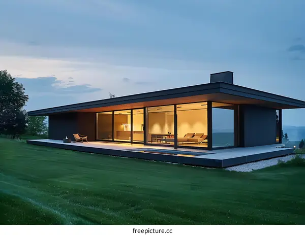 Modern House with Pool and Grass Lawn