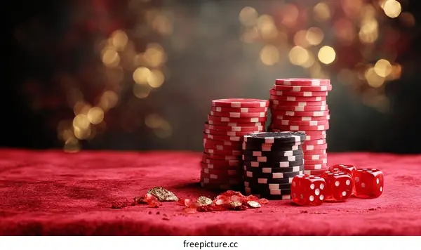 Poker Chips and Dice on a Red Velvet Tabletop
