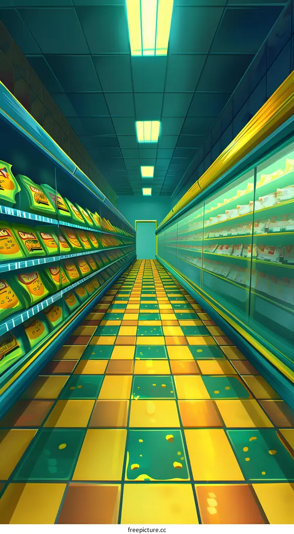 Aisle in a Supermarket with Yellow and Green Tiled Floor