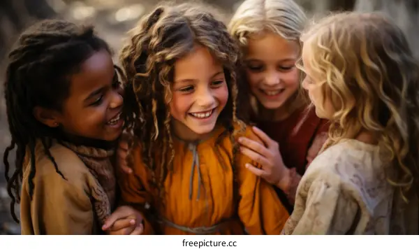 Portrait of four smiling girls with curly hair