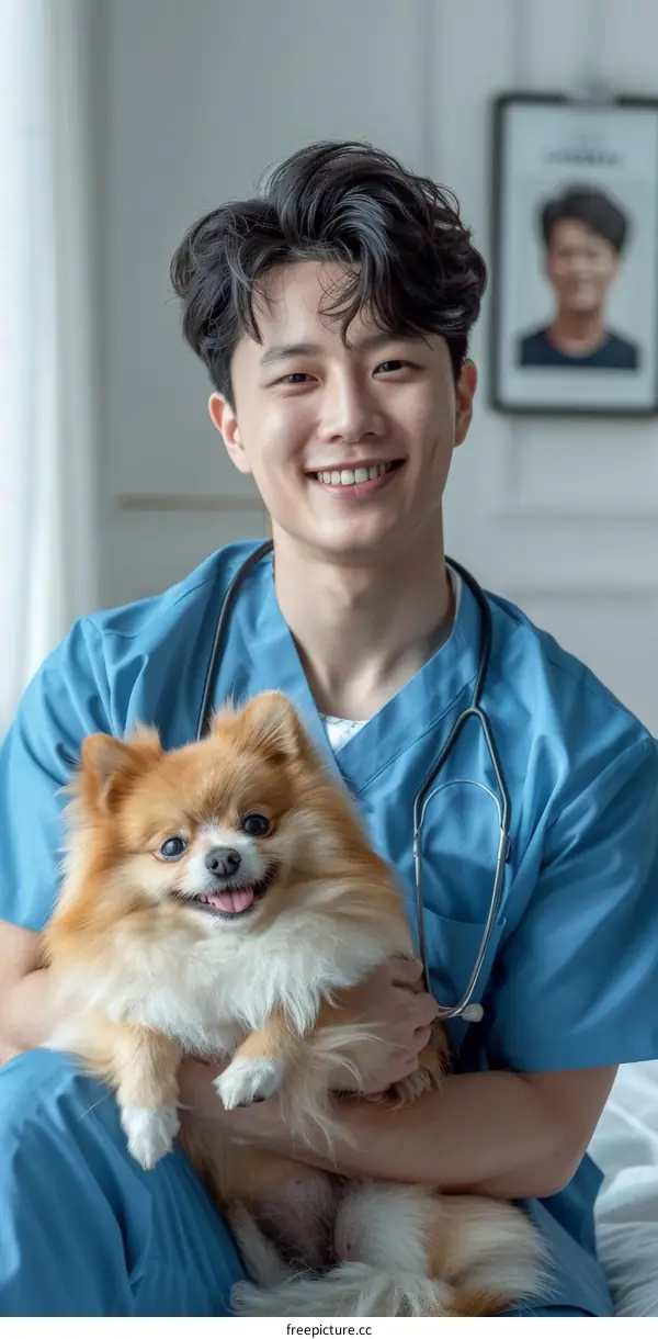 A veterinarian is holding a Pomeranian dog in his arms and smiling at the camera