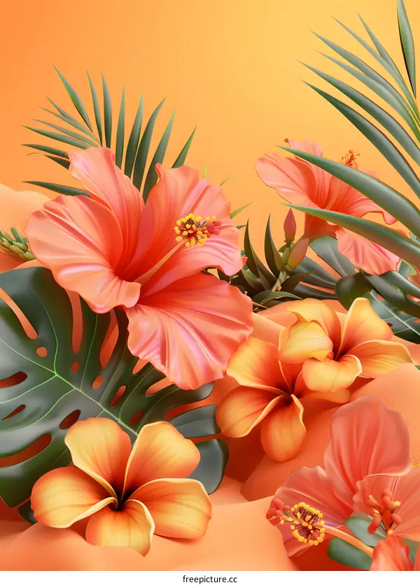 Tropical Floral Arrangement With Orange Background