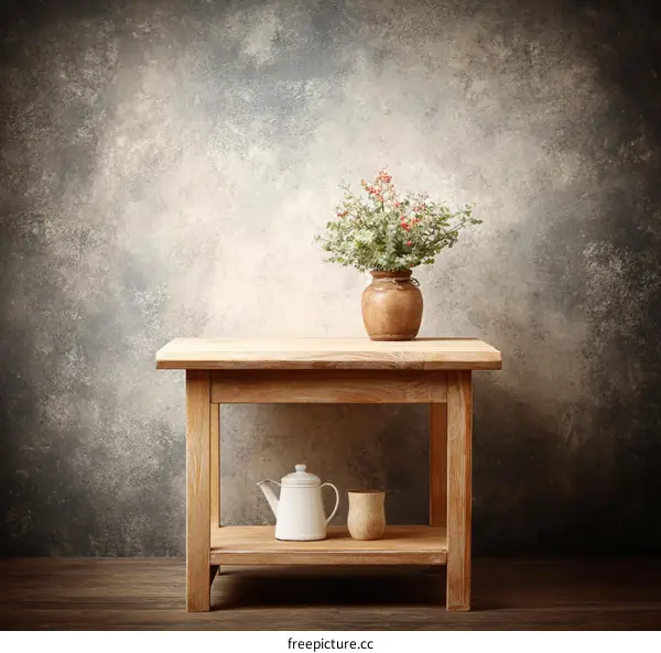 Rustic Wooden Table with Vase of Flowers