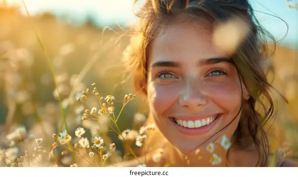 Smiling Woman in a Field of Flowers