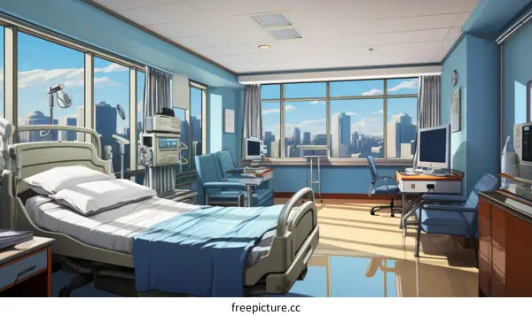 Illustration of a hospital room with medical equipment and a view of the city outside