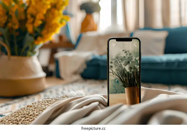 Smartphone Screen Showing Flowers In A Vase In A Living Room Setting
