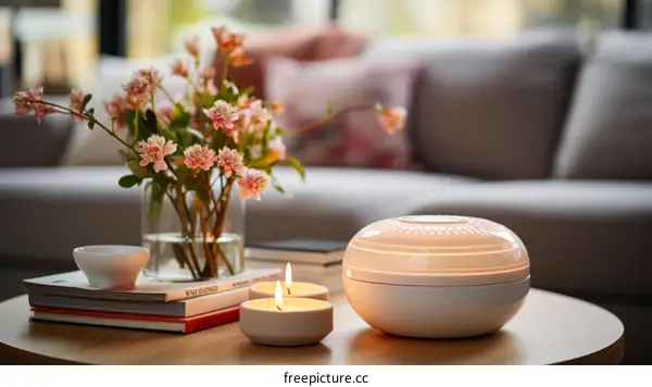 A ceramic bowl with a lit candle sits on a table with a vase of flowers and books in the background
