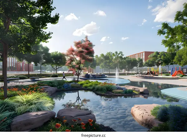 Modern Landscape Design with Pond and Fountain