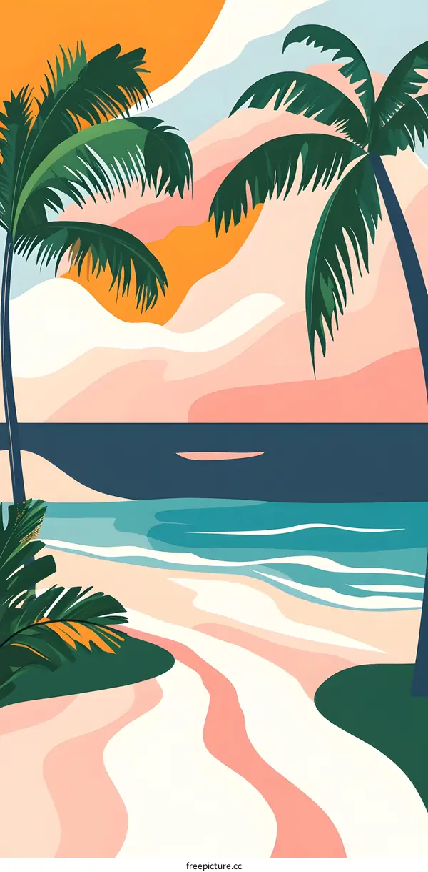 Tropical Beach Sunset Illustration
