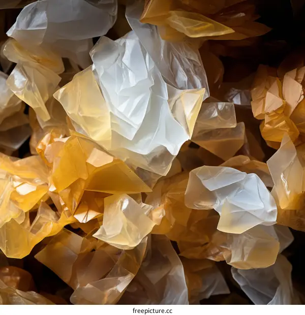 3D illustration of crumpled amber-colored plastic bags