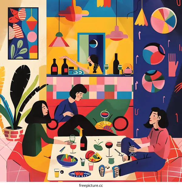 Women Friends Enjoying Dinner and Drinks in Colorful and Abstract Home Interior