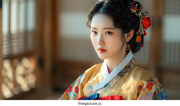 Portrait of a beautiful young woman in traditional Korean dress, or Hanbok