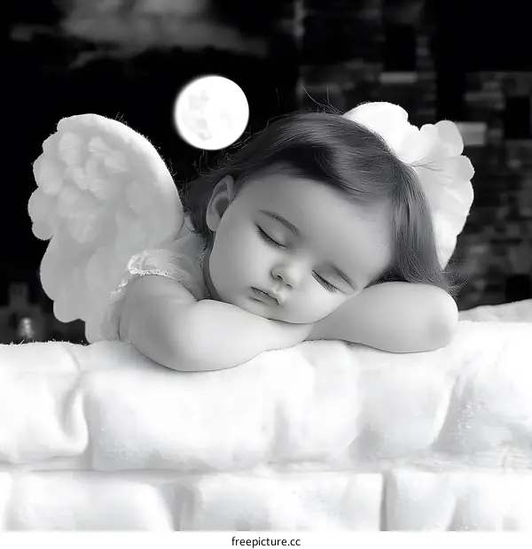 Sleeping Angel Baby Girl With Wings Under The Moon