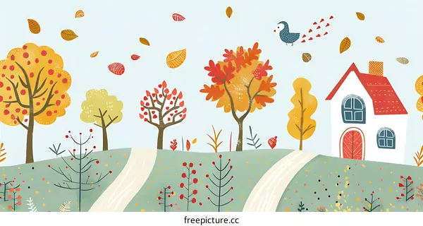 Autumn Landscape with a House and Falling Leaves
