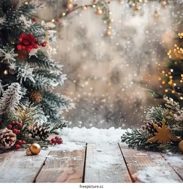 Christmas background with fir branches, red berries and decorations