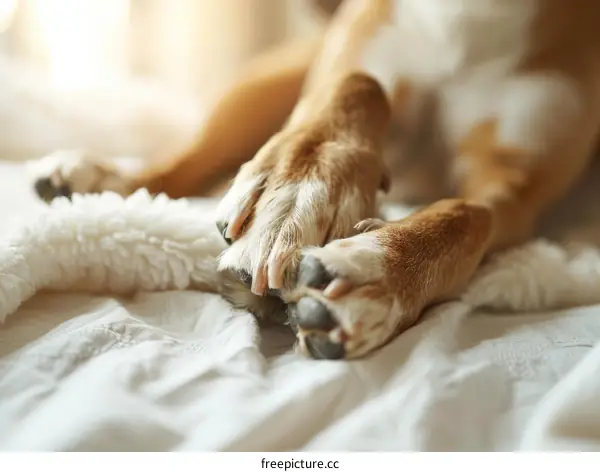 Dog Paws Resting on White Blanket