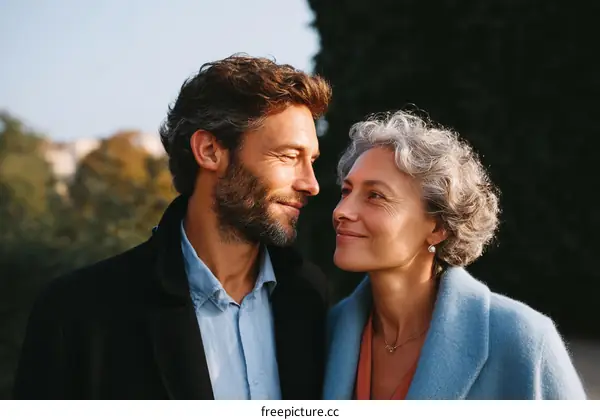 Middle-aged couple standing close together outdoors