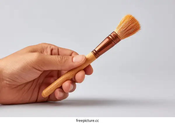 Hand Holding a Paintbrush on a Grey Background