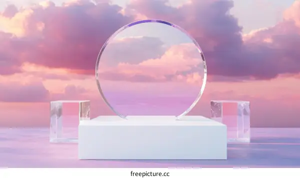 Abstract Glass Display Podiums Against Pink Clouds