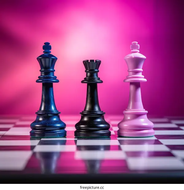 Black and pink chess pieces facing off on a chessboard with a fluorescent pink background
