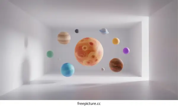 Colorful Planets Floating in Minimalist White Room