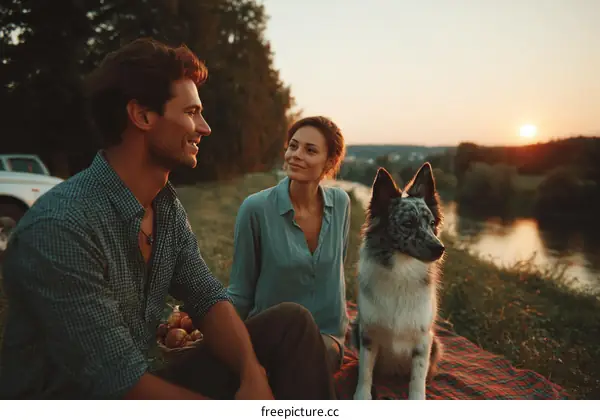Couple and Dog Enjoying a Scenic Sunset Picnic