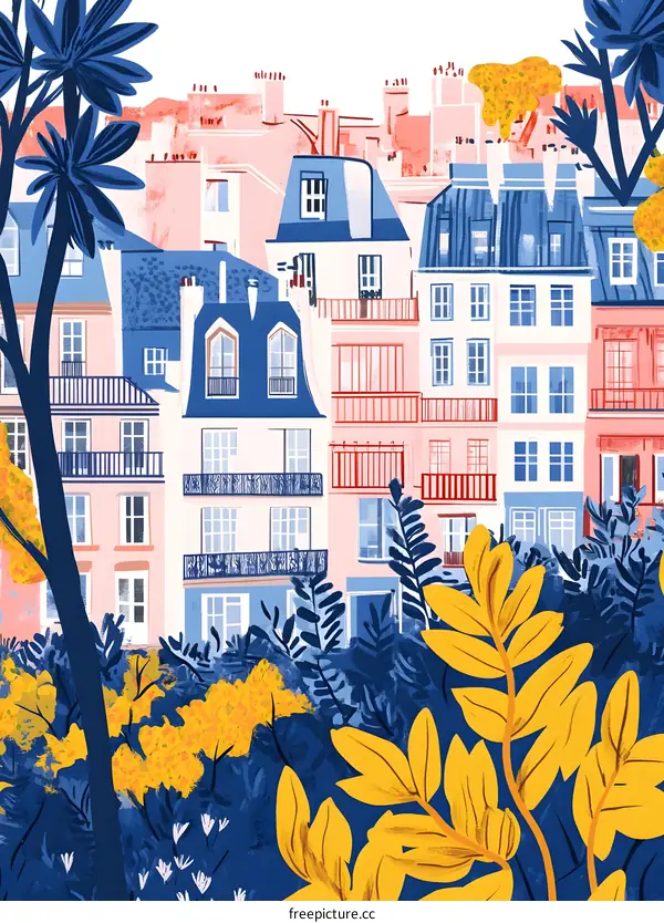 Colorful Buildings with Foliage in the Foreground