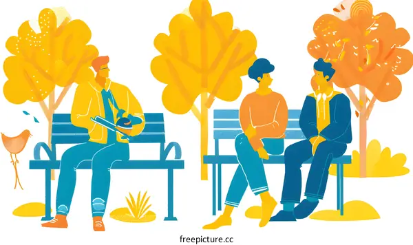 Three Friends Relaxing on Benches in a Park