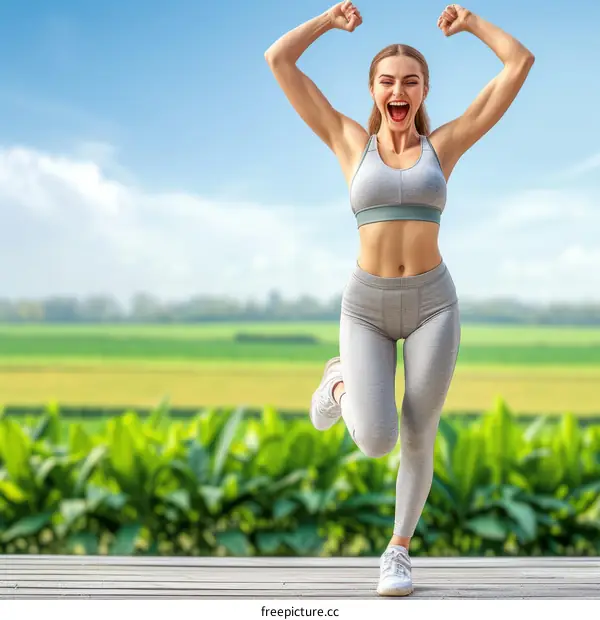 Ecstatic blonde woman celebrating her success with arms raised in joy