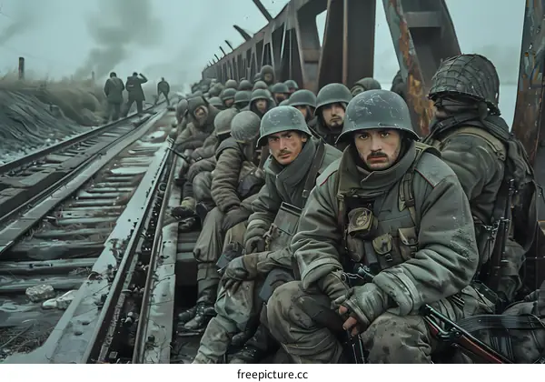 A group of soldiers are sitting on a railroad track in the middle of a war zone