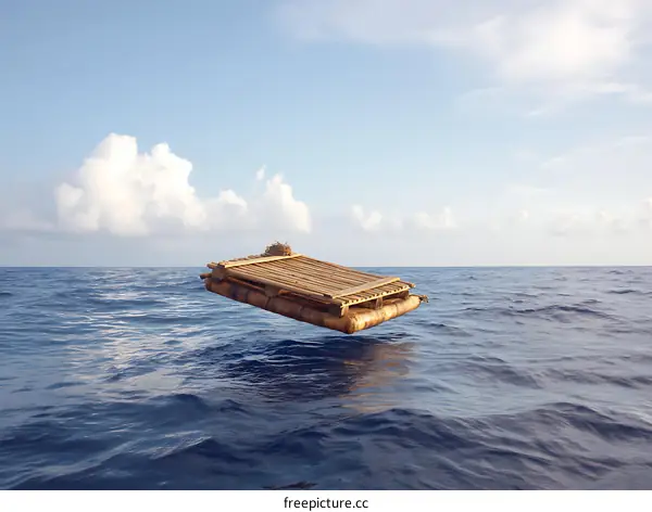 Traditional Bamboo Raft on the Ocean Surface