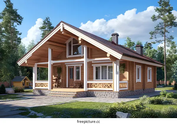 Modern Wooden House with Porch and Stone Foundation