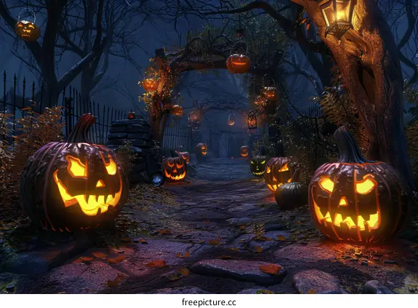 Spooky Night in Creepy Forest with Glowing Jack-o'-Lanterns