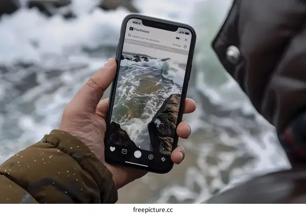 Person Holding Smartphone Showing Sea Waves Crashing Against Rocks