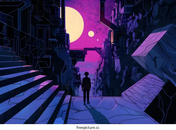 Futuristic Cityscape with Man Looking Out at the Sunset