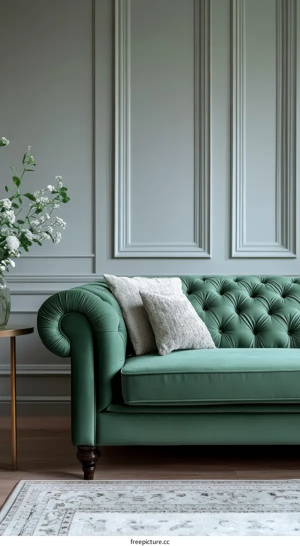 Classic Emerald Green Velvet Sofa in a Traditional Room