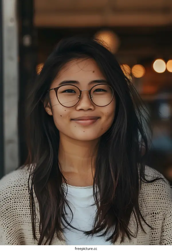 Smiling Asian Woman in Glasses Wearing Knitted Cardigan