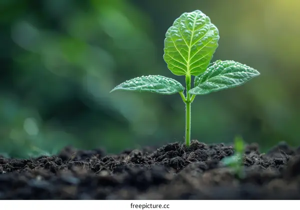 Tiny green sprout growing from the soil with blurred background
