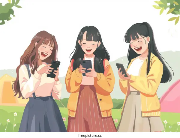 Three young women are looking at their phones and laughing.