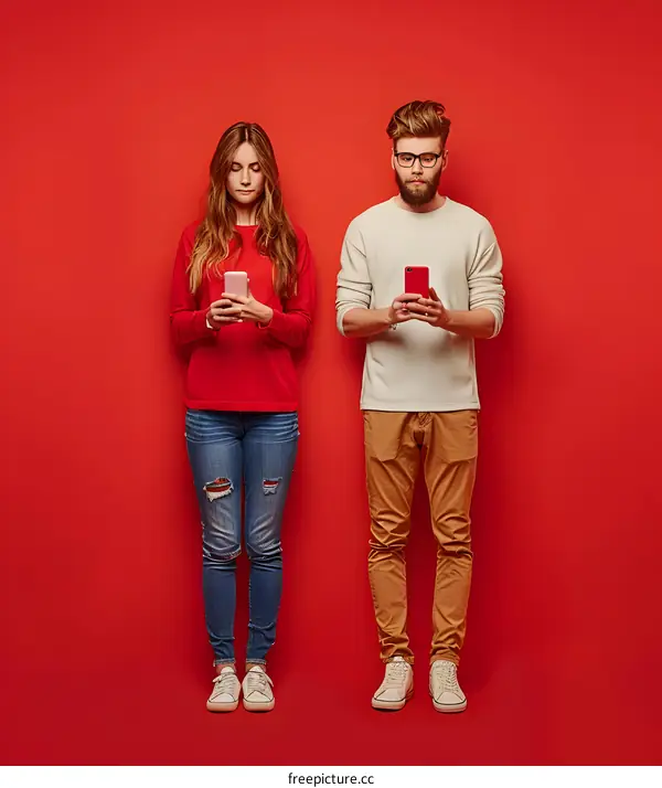 Young Couple Using Smartphones on Red Background