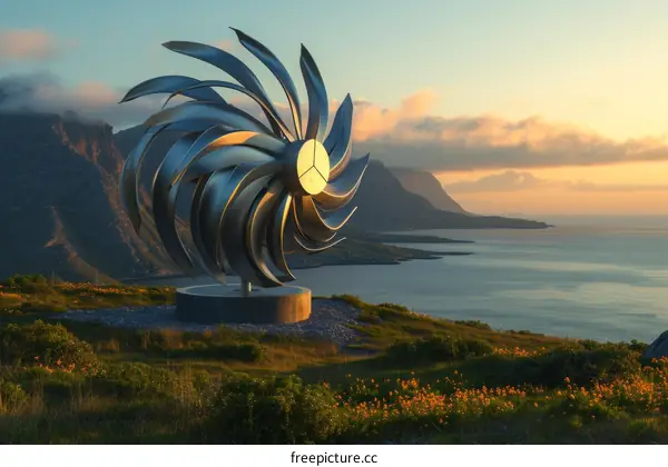 Kinetic Flower Sculpture at Sunset