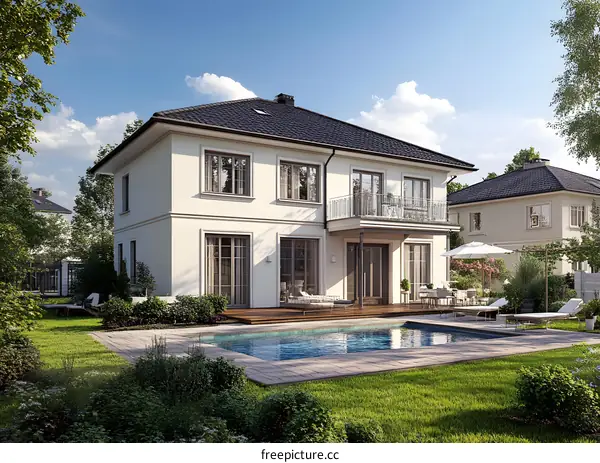 Modern White House With Swimming Pool And Green Lawn