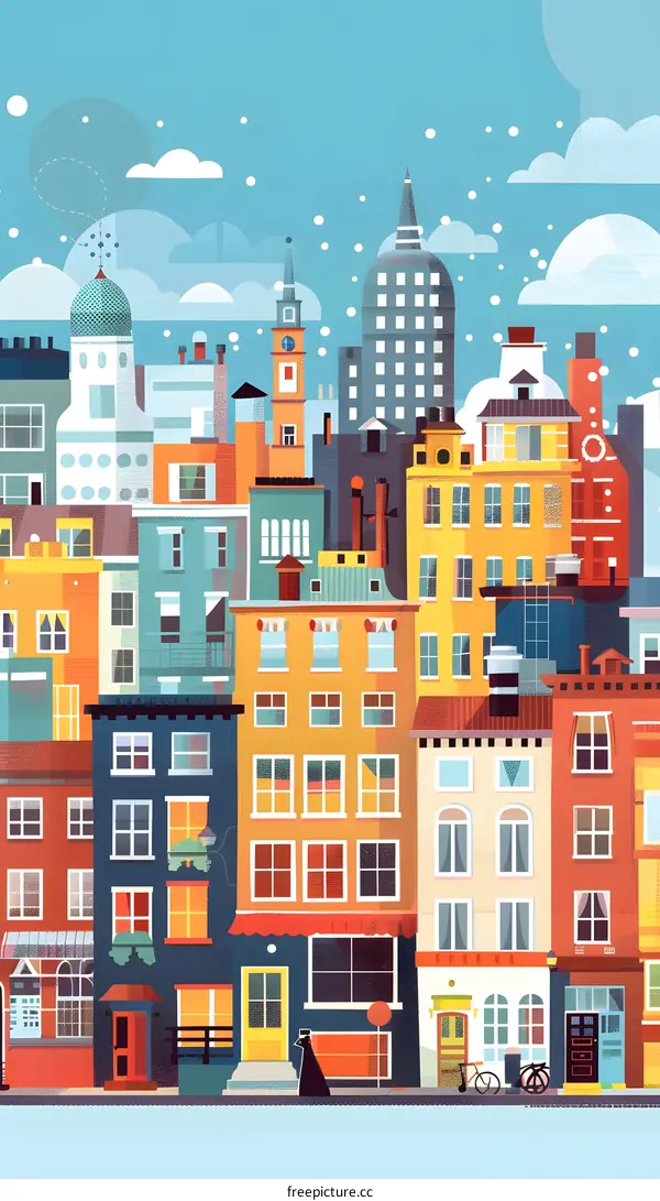 Colorful Cityscape Illustration with Snow Falling