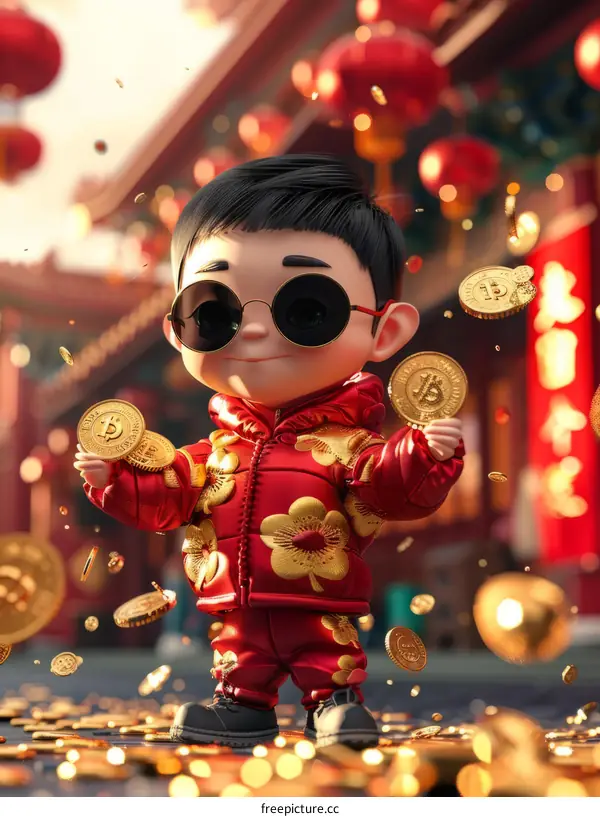 A 3D illustration of a young boy in a red jacket and sunglasses holding a Bitcoin.