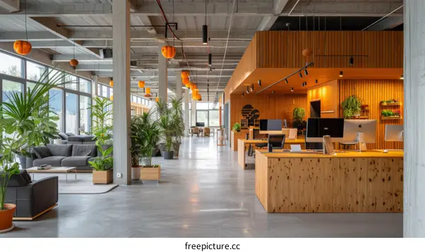 Modern Office Interior with Wood and Plants